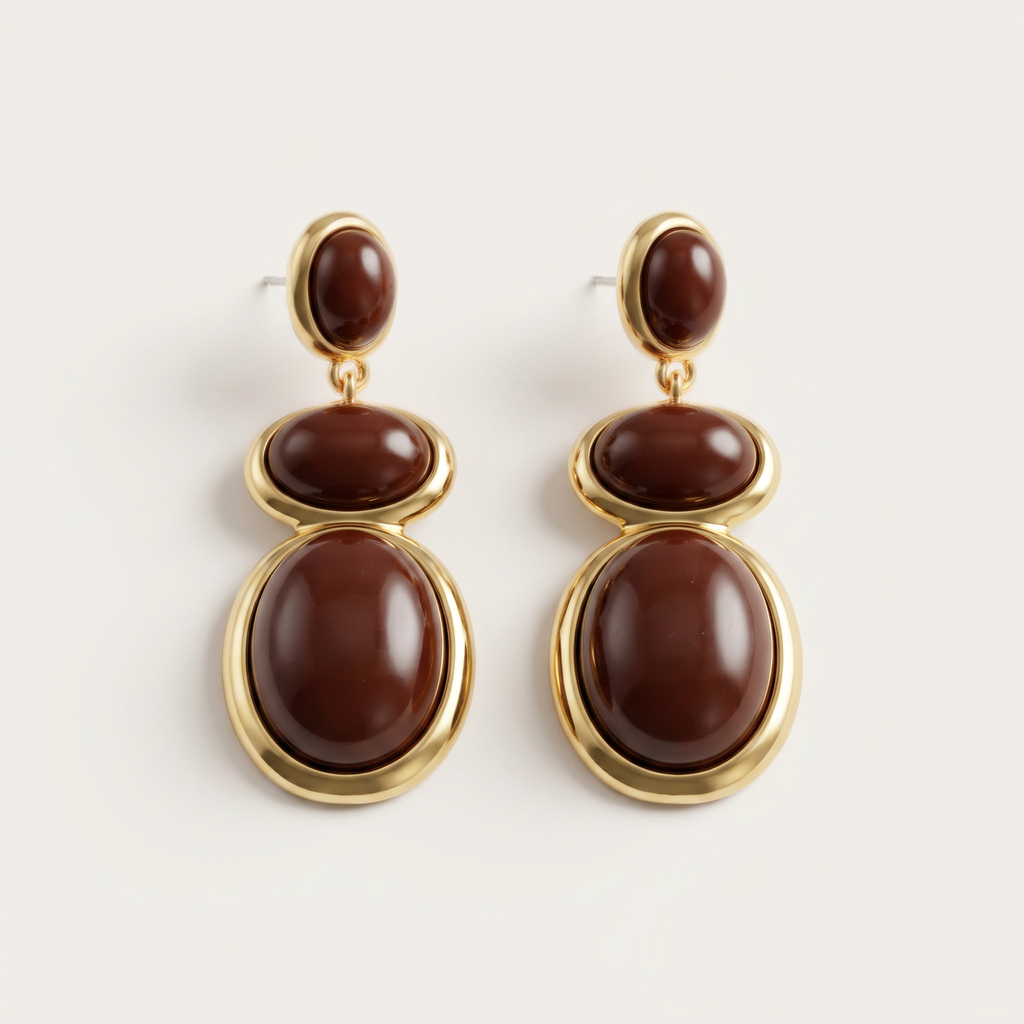 kahverengi cabochon taşlı altın ton sallantılı küpe