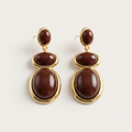 kahverengi cabochon taşlı altın ton sallantılı küpe