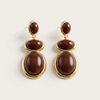 kahverengi cabochon taşlı altın ton sallantılı küpe