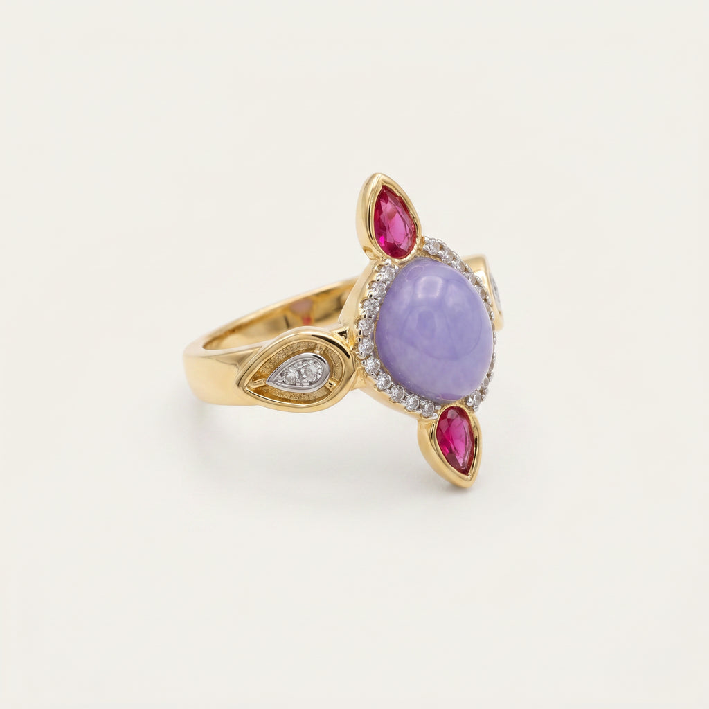 14K altın kaplama oval lavanta cabochon ve kırmızı damla taşlı Halo kokteyl kadın yüzük